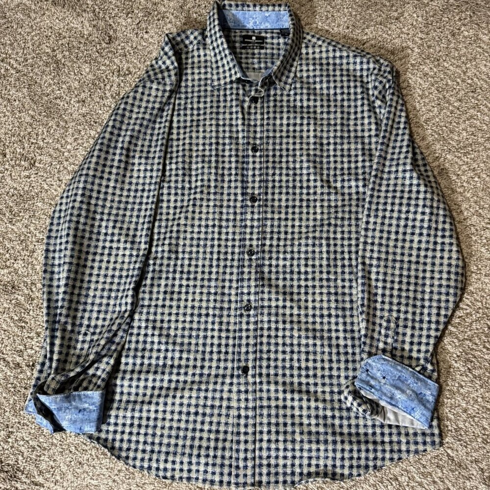 Brooklyn Brigade Shirt Mens XL Blue White Slim Fit Recycled Polyester Button Up